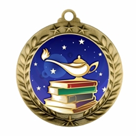 Star and laurel Lamp of Knowledge academic award medal with 2-inch full-color insert and antique gold, silver, or copper-tone finish
