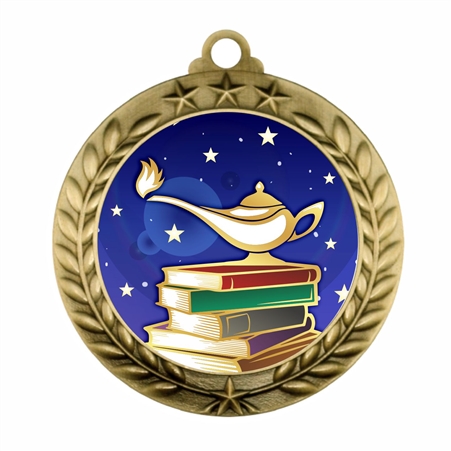 Star and laurel Lamp of Knowledge academic award medal with 2-inch full-color insert and antique gold, silver, or copper-tone finish