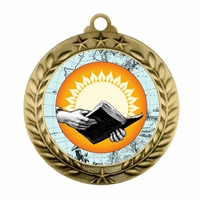 Open Book Knowledge academic award medal with 2-inch full-color insert and antique gold, silver, or copper-tone metal finish