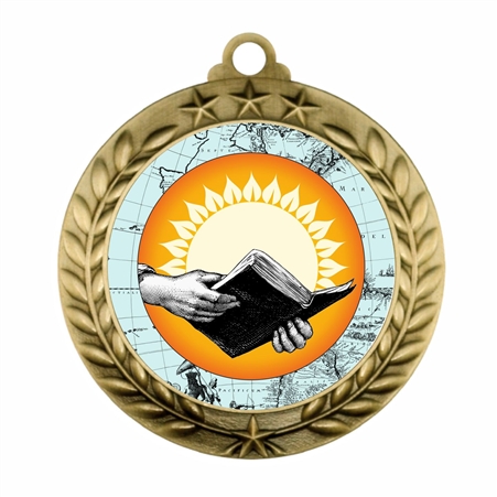 Open Book Knowledge academic award medal with 2-inch full-color insert and antique gold, silver, or copper-tone metal finish