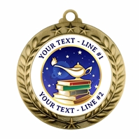 Custom Lamp of Knowledge academic award medal with personalized full-color insert and antique-finish laurel border in gold, silver, or copper tone.