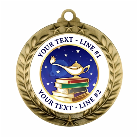 Custom Lamp of Knowledge academic award medal with personalized full-color insert and antique-finish laurel border in gold, silver, or copper tone.