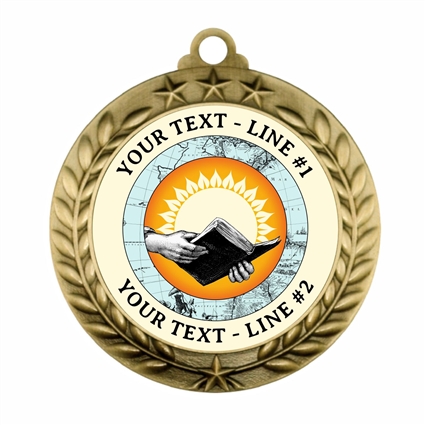 Custom text Open Book Knowledge academic award medal with full-color personalized insert and antique-finish metal border