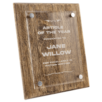 floating clear acrylic plaque mounted to barnwood backer with frosted white laser engraved logo and text