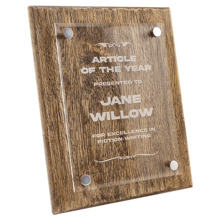 floating clear acrylic plaque mounted to barnwood backer with frosted white laser engraved logo and text