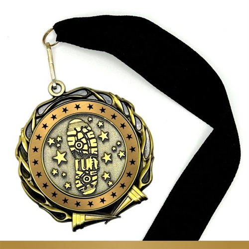 Colored Ring Run Medal with shoe imprint on the medal