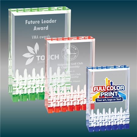 Mirage clear acrylic award showing frosted white laser engraving and full color UV printed personalization options on the backside