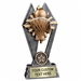 Custom 7 inch basketball trophy resin award with basketball and hoop, gold and silver accents, personalized engraved name plate, self standing weighted base
