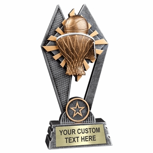 Custom 7 inch basketball trophy resin award with basketball and hoop, gold and silver accents, personalized engraved name plate, self standing weighted base