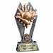 Custom 7 inch bowling trophy resin award with bowling ball and pins, gold and silver accents, personalized engraved name plate, self standing weighted base