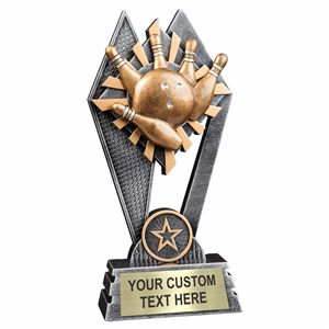 Custom 7 inch bowling trophy resin award with bowling ball and pins, gold and silver accents, personalized engraved name plate, self standing weighted base
