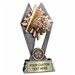 Custom 7 inch cheerleading trophy resin award with pom poms and megaphone, gold and silver accents, personalized engraved name plate, self standing weighted base