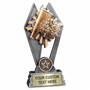 Custom 7 inch cheerleading trophy resin award with pom poms and megaphone, gold and silver accents, personalized engraved name plate, self standing weighted base