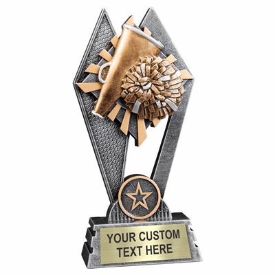Custom 7 inch cheerleading trophy resin award with pom poms and megaphone, gold and silver accents, personalized engraved name plate, self standing weighted base
