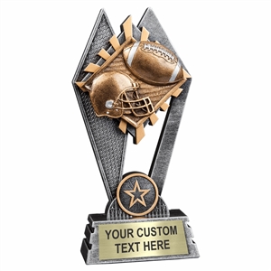 Custom 7 inch football trophy resin award with football and helmet, gold and silver accents, personalized engraved name plate, self standing weighted base