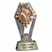 Custom 7 inch Golf trophy resin award with golf ball and bag of clubs, gold and silver accents, personalized engraved name plate, self standing weighted base