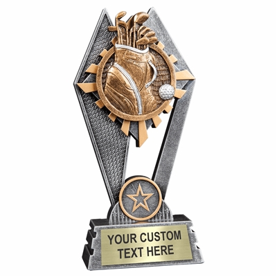 Custom 7 inch Golf trophy resin award with golf ball and bag of clubs, gold and silver accents, personalized engraved name plate, self standing weighted base