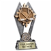 Custom 7 inch hockey trophy resin award with hockey sticks, puck and net,  gold and silver accents, personalized engraved name plate, self standing weighted base