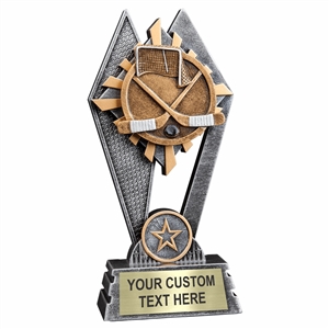 Custom 7 inch hockey trophy resin award with hockey sticks, puck and net,  gold and silver accents, personalized engraved name plate, self standing weighted base