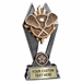 Custom 7 inch LaCrosse trophy resin award with LaCrosse crosse sticks and ball, gold and silver accents, personalized engraved name plate, self standing weighted base