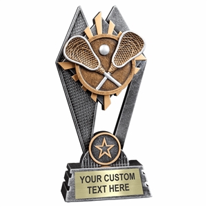 Custom 7 inch LaCrosse trophy resin award with LaCrosse crosse sticks and ball, gold and silver accents, personalized engraved name plate, self standing weighted base