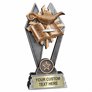Custom 7 inch Lamp of Knowledge trophy resin award with book and lamps, gold and silver accents, personalized engraved name plate, self standing weighted base