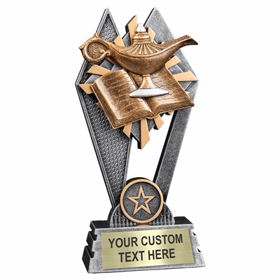 Custom 7 inch Lamp of Knowledge trophy resin award with book and lamps, gold and silver accents, personalized engraved name plate, self standing weighted base