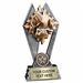 Custom 7 inch Martial Arts trophy resin award with uniform and belt, gold and silver accents, personalized engraved name plate, self standing weighted base