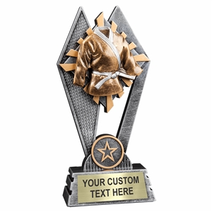 Custom 7 inch Martial Arts trophy resin award with uniform and belt, gold and silver accents, personalized engraved name plate, self standing weighted base