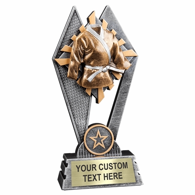 Custom 7 inch Martial Arts trophy resin award with uniform and belt, gold and silver accents, personalized engraved name plate, self standing weighted base