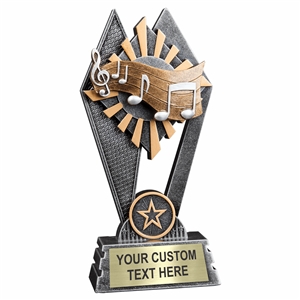 Custom 7 inch Music trophy resin award with musical notes, gold and silver accents, personalized engraved name plate, self standing weighted base