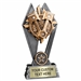 Custom 7 inch Piston Motor trophy resin award with motor pistons, gold and silver accents, personalized engraved name plate, self standing weighted base