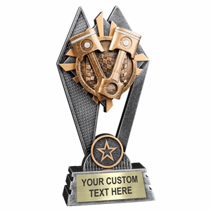 Custom 7 inch Piston Motor trophy resin award with motor pistons, gold and silver accents, personalized engraved name plate, self standing weighted base