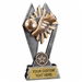 Custom 7 inch soccer trophy resin award with soccer ball and cleat, gold and silver accents, personalized engraved name plate, self standing weighted base