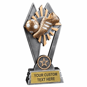 Custom 7 inch soccer trophy resin award with soccer ball and cleat, gold and silver accents, personalized engraved name plate, self standing weighted base