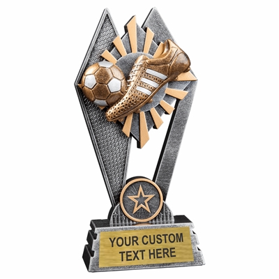 Custom 7 inch soccer trophy resin award with soccer ball and cleat, gold and silver accents, personalized engraved name plate, self standing weighted base