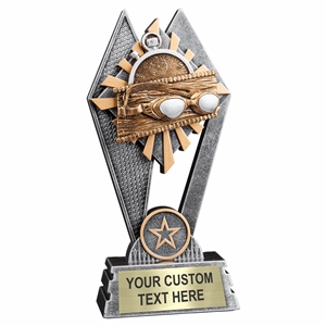 Custom 7 inch swimming trophy resin award with swim goggles and stop watch, gold and silver accents, personalized engraved name plate, self standing weighted base