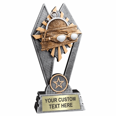 Custom 7 inch swimming trophy resin award with swim goggles and stop watch, gold and silver accents, personalized engraved name plate, self standing weighted base