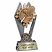 Custom 7 inch Tennis trophy resin award with Tennis ball and racquet, gold and silver accents, personalized engraved name plate, self standing weighted base