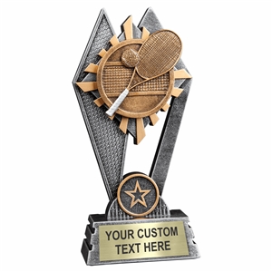 Custom 7 inch Tennis trophy resin award with Tennis ball and racquet, gold and silver accents, personalized engraved name plate, self standing weighted base