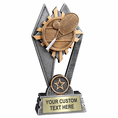 Custom 7 inch Tennis trophy resin award with Tennis ball and racquet, gold and silver accents, personalized engraved name plate, self standing weighted base