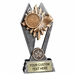 Custom 7 inch Track trophy resin award with track shoe and stop watch, gold and silver accents, personalized engraved name plate, self standing weighted base