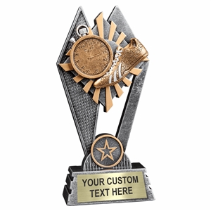 Custom 7 inch Track trophy resin award with track shoe and stop watch, gold and silver accents, personalized engraved name plate, self standing weighted base