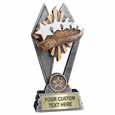 Custom 7 inch Star Performer or victory trophy resin award with star, flame & torch, gold and silver accents, personalized engraved name plate, self standing weighted base