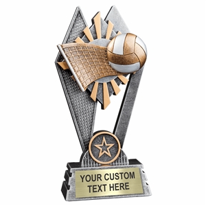 Custom 7 inch Volleyball trophy resin award with volleyball and net, gold and silver accents, personalized engraved name plate, self standing weighted base