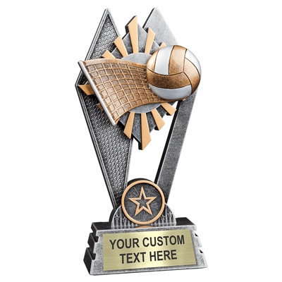 Custom 7 inch Volleyball trophy resin award with volleyball and net, gold and silver accents, personalized engraved name plate, self standing weighted base