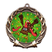 Turkey Trot Thanksgiving race medal with full-color insert and antique finish
