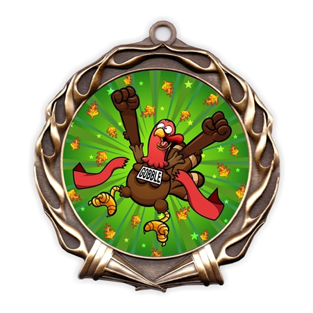 Turkey Trot Thanksgiving race medal with full-color insert and antique finish