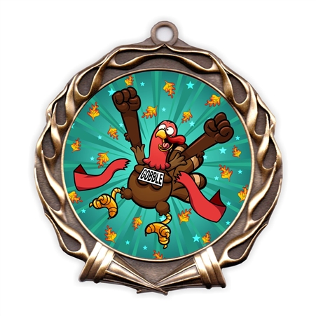 Turkey Trot Thanksgiving race medal with full-color insert and antique finish