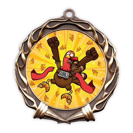 Turkey Trot Thanksgiving race medal with full-color insert and antique finish
